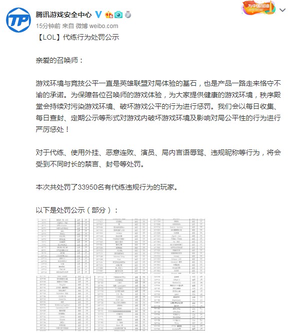 《英雄联盟》官方封禁3万多代练违规账号部分账号被公示